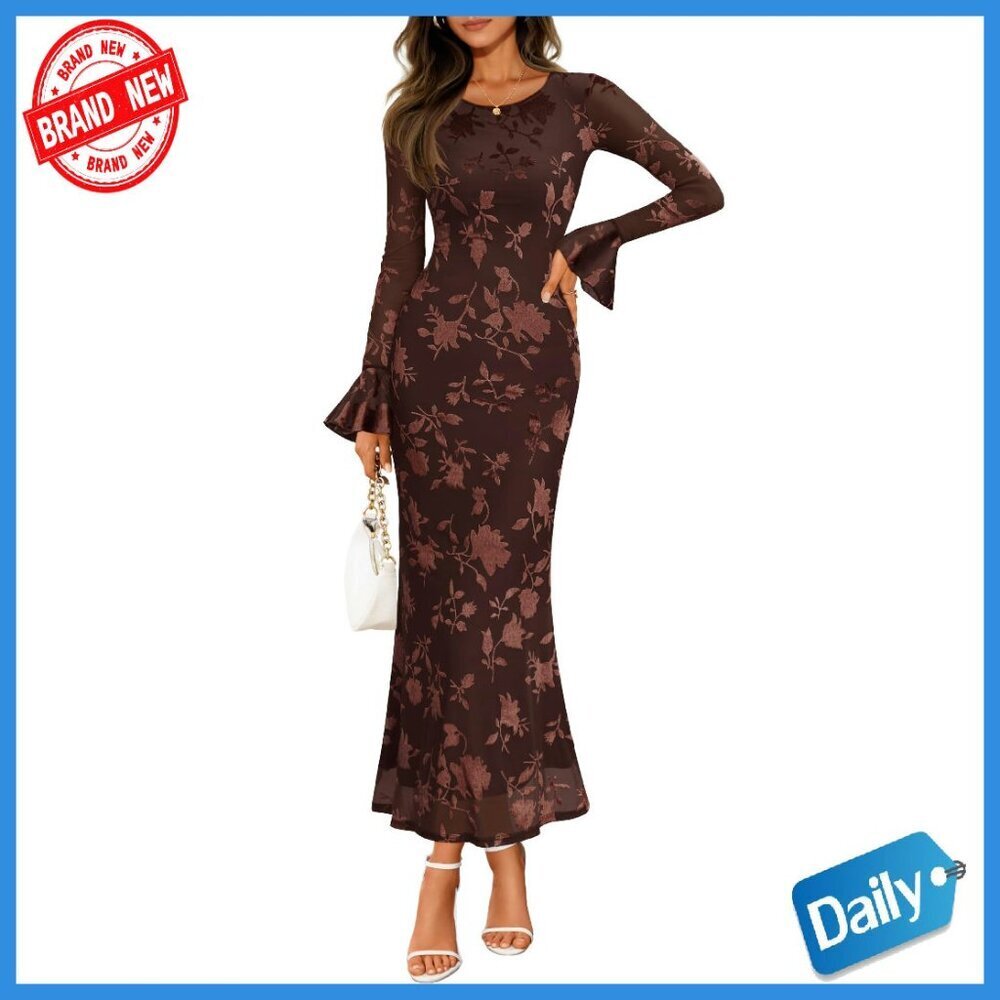 Bodycon Maxi Dress with Bell Sleeves Floral Print Lightweight Fabric